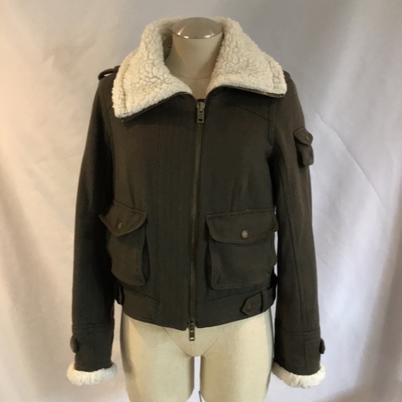 American Eagle army green wool & sherpa barn jacket bomber cargo zip up size M - Picture 1 of 16